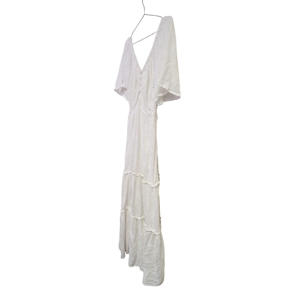 By Anthropologie Tiered Maxi Dress Flutter Sleeve Bow Back Embroidered White M - Picture 4 of 12